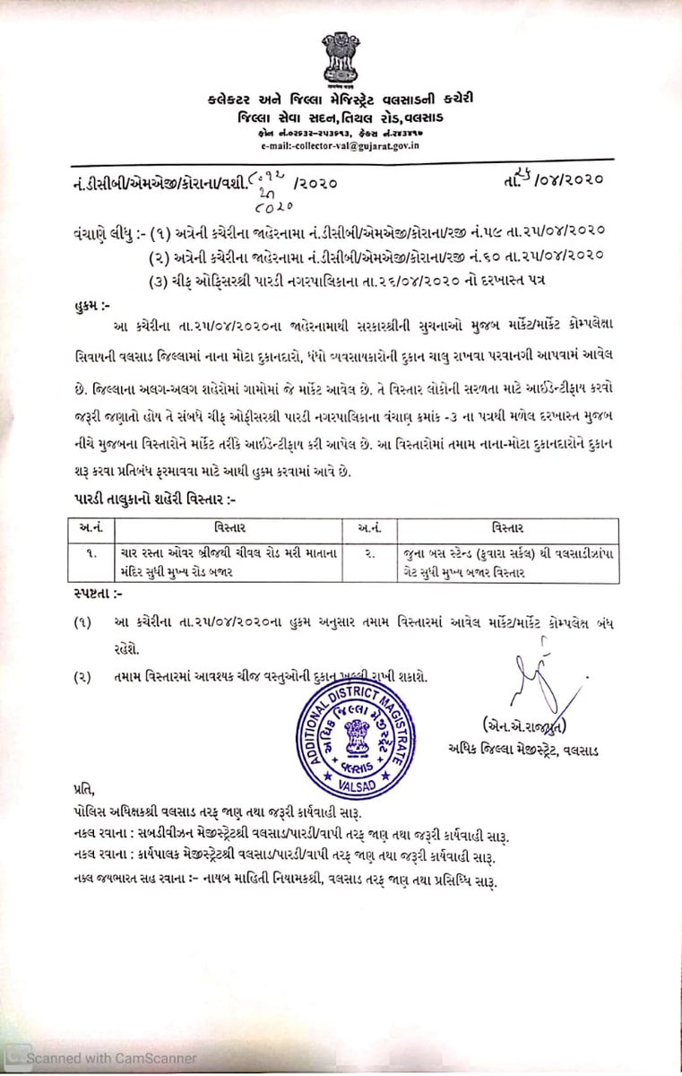 collectorvalsad's tweet image. દુકાન ખોલવા માટેના તા, 25/4/20 ના નોટિફિકેશન ના સંદર્ભમાં નગરપાલિકા ચીફ ઓફીસર વાપી અને પારડી પત્ર મુજબ નીચે મુજબ વિસ્તારના માર્કેટ કોમપ્લેક્ષ બંધ રહેશે #Valsad #StayAtHomeAndStaySafe @CKharsan @InfoValsadGoG @SPvalsad @pkumarias @PatkarRamanlal