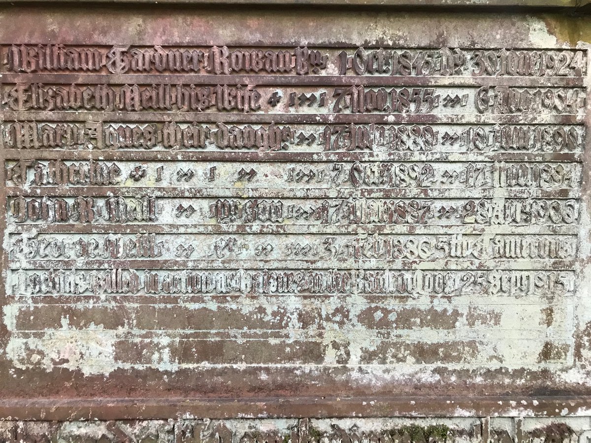 The left-hand panel, transcribed by  @OurJoanne, tells a sad story: William Gardner Rowan died in 1924; his wife Elizabeth in 1904; their daughter Mary Agnes, in 1890, not quite two; their daughter Catherine, in 1894, aged two; their son John R Neill, in 1906, at almost nine.