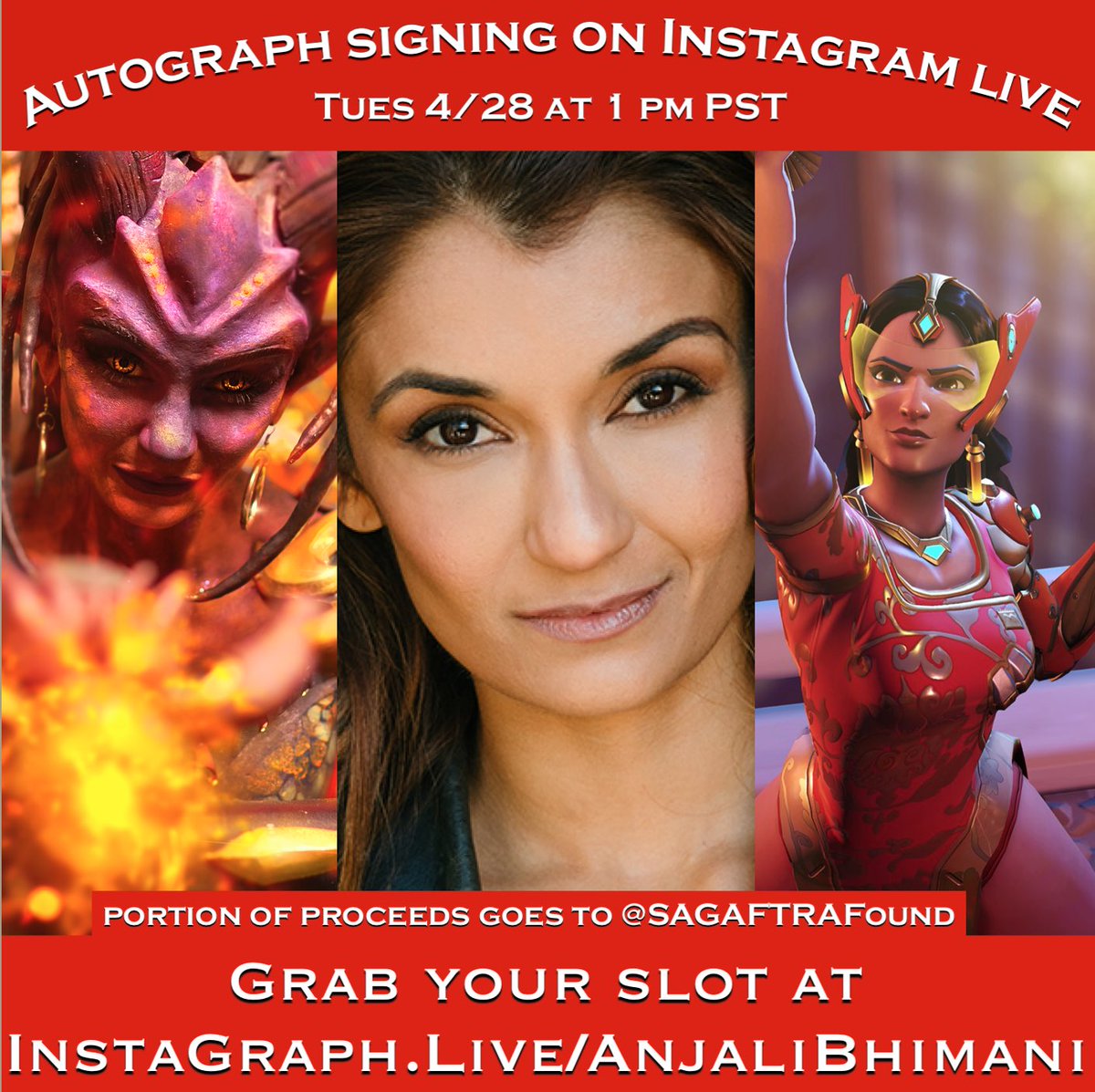 sweeetanj's tweet photo. Hello loves! I’ll be signing on IG Live Tue 4/28 at 1 pm PST. Sign up at https://t.co/nxzdrFom4I and we’ll send your autographed items to you! A portion of proceeds go to @sagaftrafound ‘s COVID-19 fund so come visit for a great cause!

#symmetra #covid19relief #instagraph https://t.co/0INgA267ih