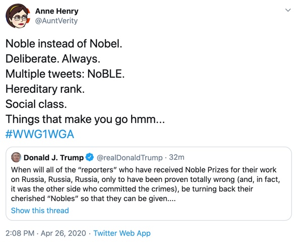 obviously QAnon people think the Noble Prize tweet is a secret reference to Q