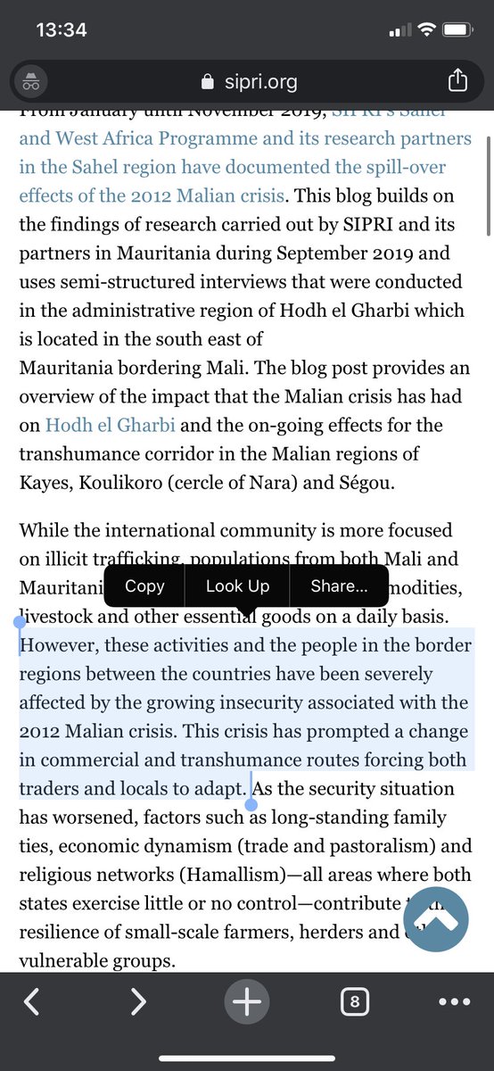 This  @SIPRIorg commentary on the effect of the Sahel crisis on the border zones between Mali and Mauritania shows how even outside of “hot” zones conflict can dramatically alter social and economic relations.  https://sipri.org/commentary/blog/2020/high-cost-insecurity-case-hodh-el-gharbi-mauritania