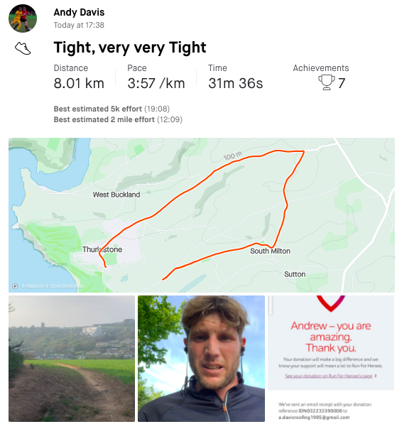 SalcombeTownFC's tweet photo. STFC 1407km (Land's End to John O'Groats) run update from DAY SIX: Another 50km completed bringing total to 439km.

Map shows where we are up to on the route and pictures of the runs also included.

https://t.co/mpLpEuEI2g https://t.co/zSckdhUyVv