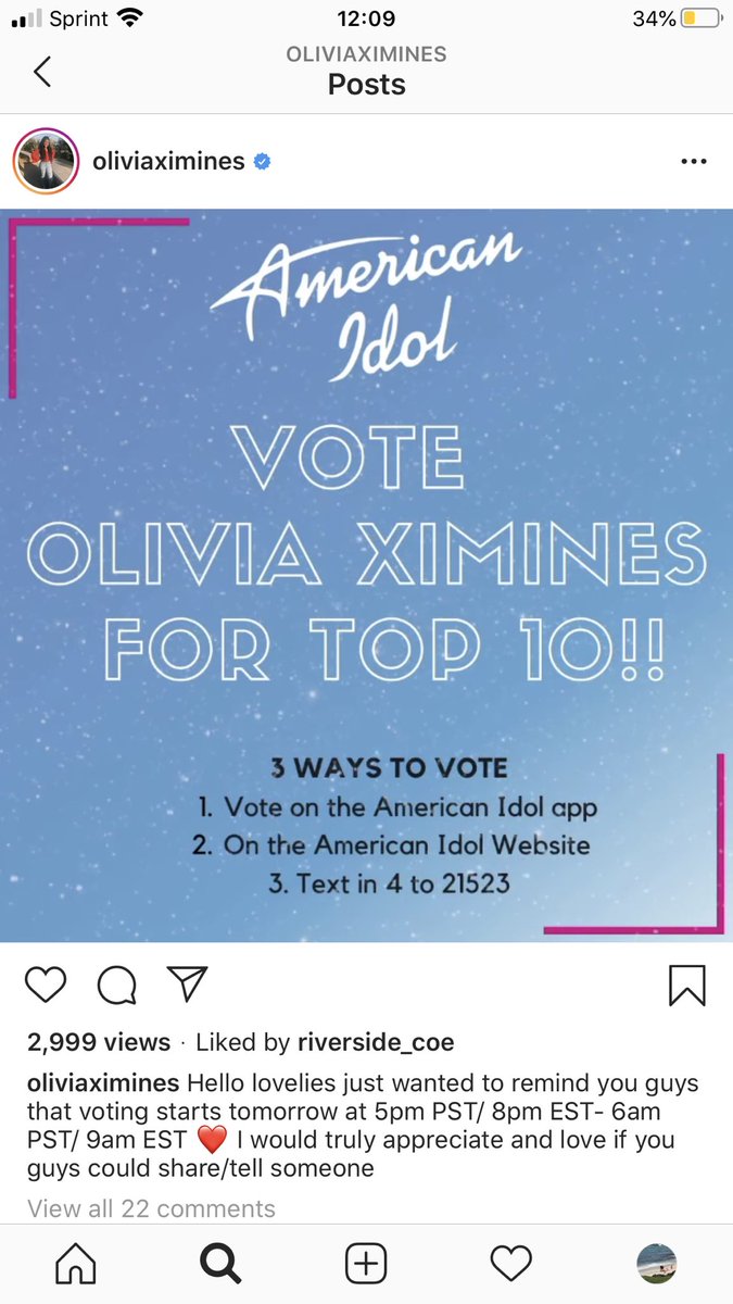 Let’s help our local girl 🌸 <a href="/OliviaXimines/">Olivia Ximines</a> 🌸 make it to the Top 10 TONIGHT on <a href="/AmericanIdol/">American Idol</a> Voting starts at 8pm. Representating the #theIE #Menifee #VVUSD #OVHS @ValVerdeUSD <a href="/DrStewy/">Sandra Ximines</a>