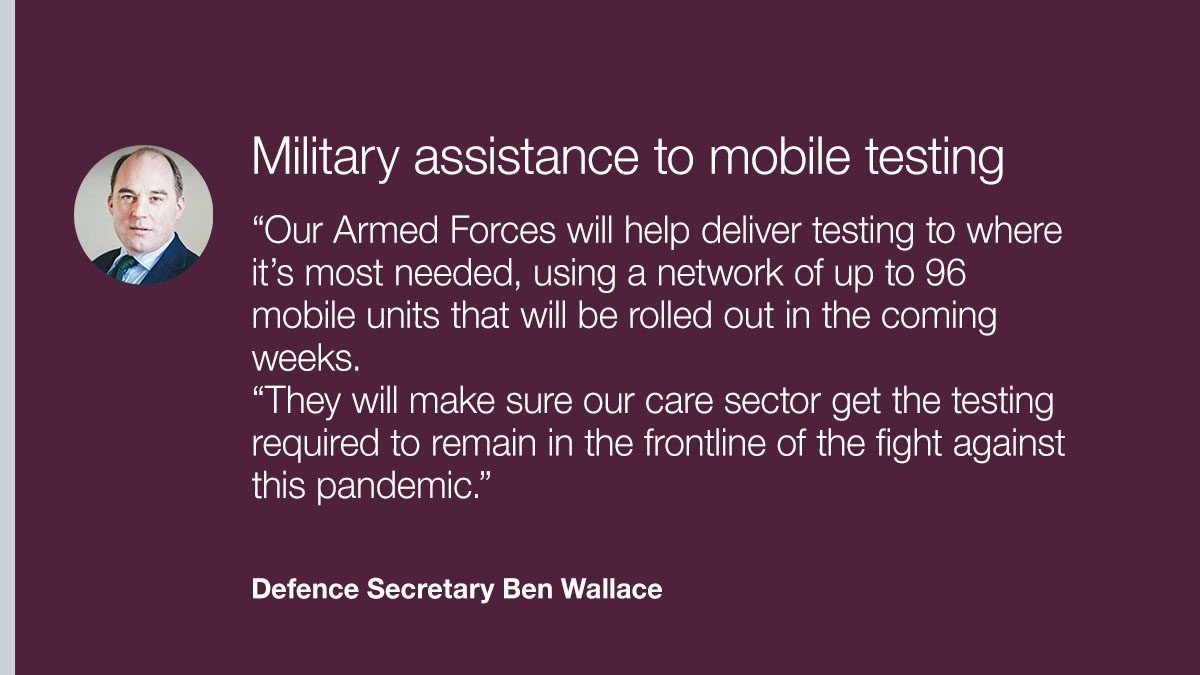 "Our Armed Forces will help deliver testing to where it's most needed" - Defence Secretary @BWallaceMP on the assistance service personnel are providing to <a href="/DHSCgovuk/">Department of Health and Social Care</a> with mobile testing. #Coronavirus #InThisTogether