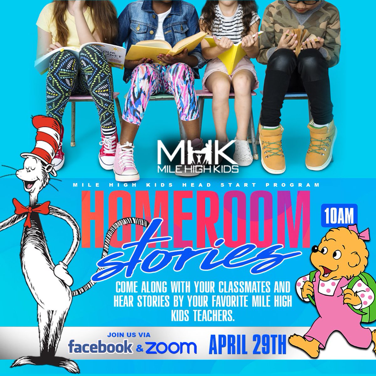 Please join us for a special activity entitled “Homeroom Stories”.  Come along with your classmates on a special journey into new places where only books can take you. 

We hope to see you there !!

us02web.zoom.us/j/84867019278
facebook.com/MileHighKids

#LivingLifeAMileHigh