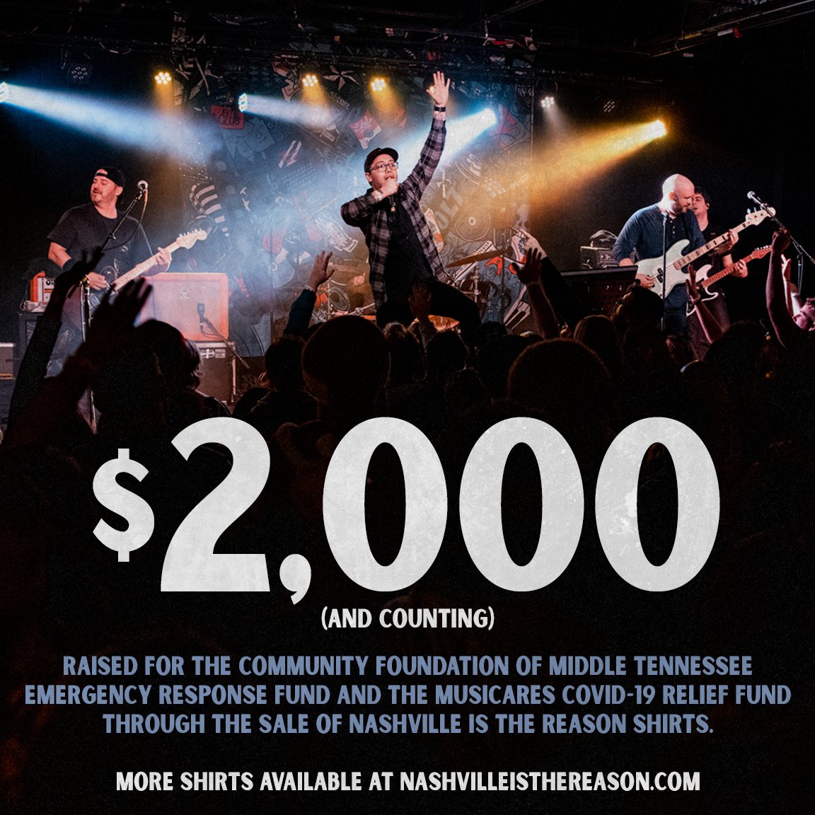 We’re so thankful to everyone who has purchased NITR t-shirts so far and are excited to share that we’ve donated $1,000 to The Community Foundation of Middle Tennessee and $1,000 to MusiCares! 

We'll continue to donate proceeds from nashvilleisthereason.com/store merch sales.