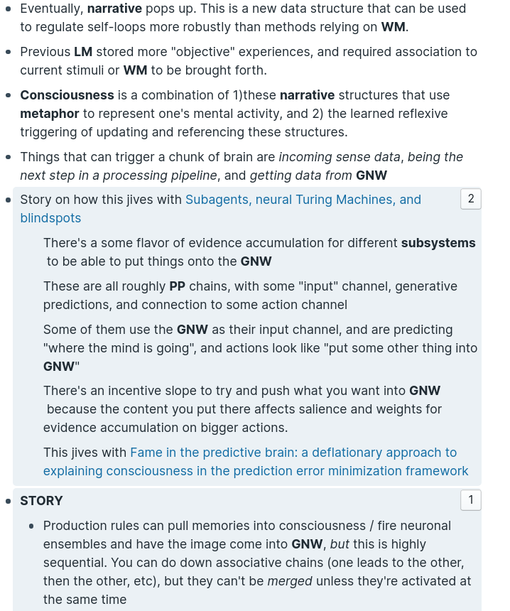 PP = predictive processing. I conceptualize the "hierarchical levels" as these doubles stranded chains, for percepts to "go up" and predictions to "go down"