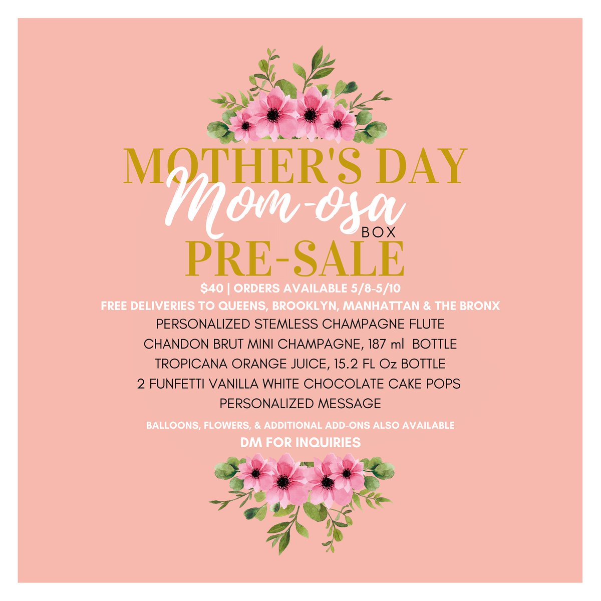 misstaylorf's tweet photo. Pre-order your $40 MOM-osa box for the bubbly lady in your life! Mother’s Day is 2 weeks away — don’t wait until you’re too late 💕

Free drop-offs in Brooklyn, Queens, Manhattan &amp; The Bronx. https://t.co/ETd74dSL3p