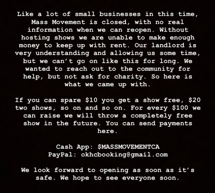 Please read, share, and help if you can.
We need a little help during this time. Let’s make sure there’s still something to come back to when this is all over. 
- A, J, Z, L, T
