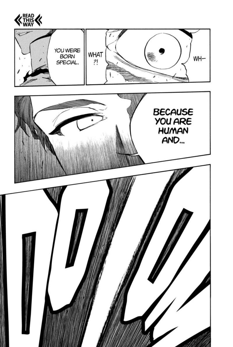 i’m assuming half human half hollow, which means he’s some type of “chosen one” like every other shonen protagonist, still a pretty cool reveal. and now I get to see isshin  #HollowTher