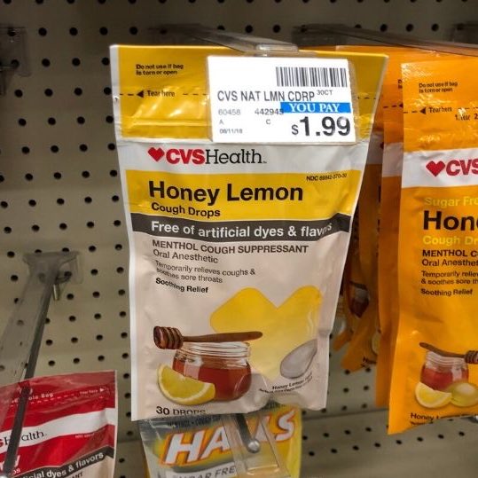 CVS brand cough drops, honey lemon, with sugar: 5/10, can’t explain why this is worse than the sugar free one, not good, super small, lame, disappointing