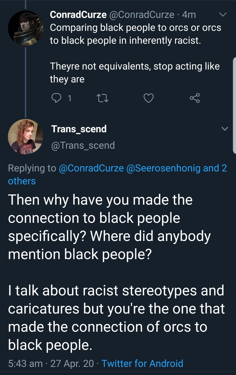 Like literally, I, nor the op or anyone in this thread, had mentioned a connection between black people specifically and the portrayal of orcs. Not once.And yet that is still the connection that was made by people arguing there is no connection....Especially ironic.