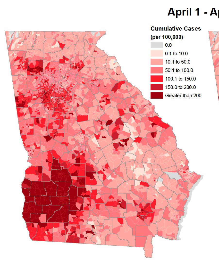 Georgia doesn’t release race data at the county level but they publish a pdf with the rate of coronavirus cases at the Census block group level.  @KarklisCarto spent countless hours extracting and geocoding that data.