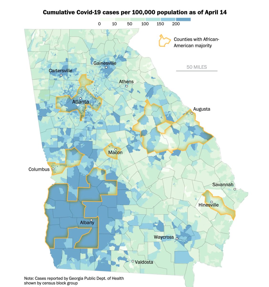 Georgia doesn’t release race data at the county level but they publish a pdf with the rate of coronavirus cases at the Census block group level.  @KarklisCarto spent countless hours extracting and geocoding that data.