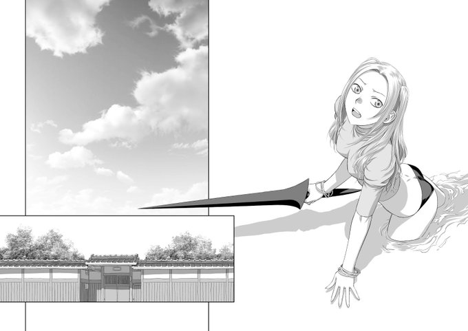 愚作「鞘-SAYA-」から、台詞フキダシ擬音無し絵、その,7
最初と最後のページ以外は見開き2ページ分で作業しています 