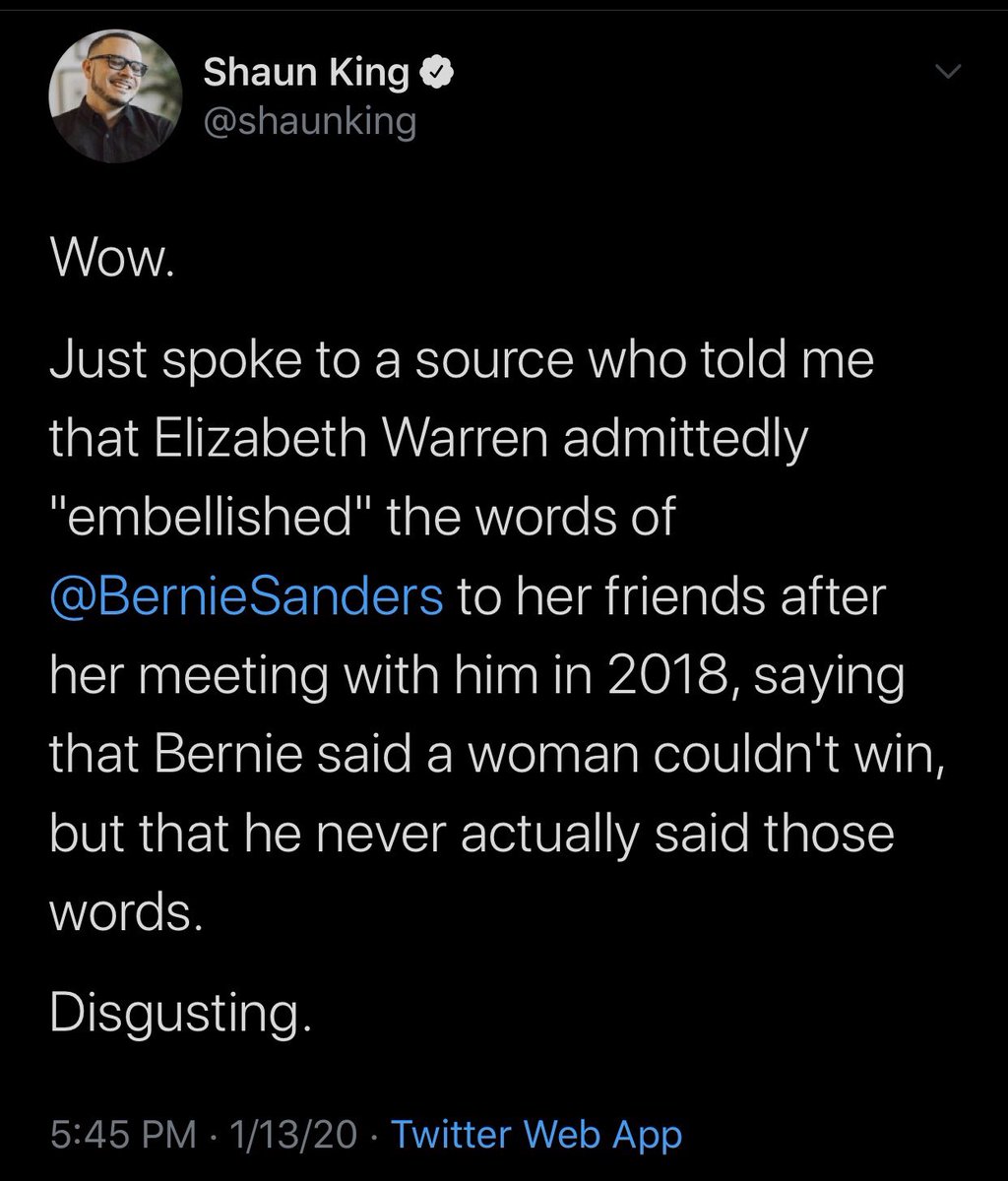 kyle_teamjoe's tweet photo. Apparently @shaunking doesn’t always believe women...In fact, he actively tried to discredit @ewarren by calling her a “liar” and claiming her friends said she “embellished” her claims about @BernieSanders. And then went even further and called her “disgusting”. Imagine that...🤷🏼‍♂️ https://t.co/Dw8BM7vP42