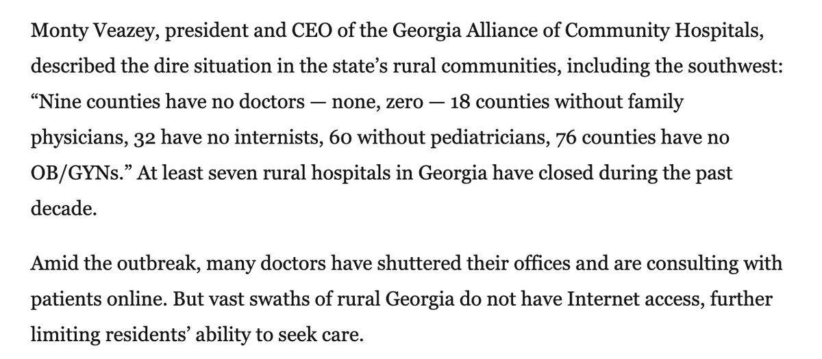 But what made southwest Georgia so susceptible? They’ve struggled for years with a severe lack of access to health care. Some counties have no doctors, no hospitals and a high percentage of uninsured residents. The facilities and physicians already were stretched thin.