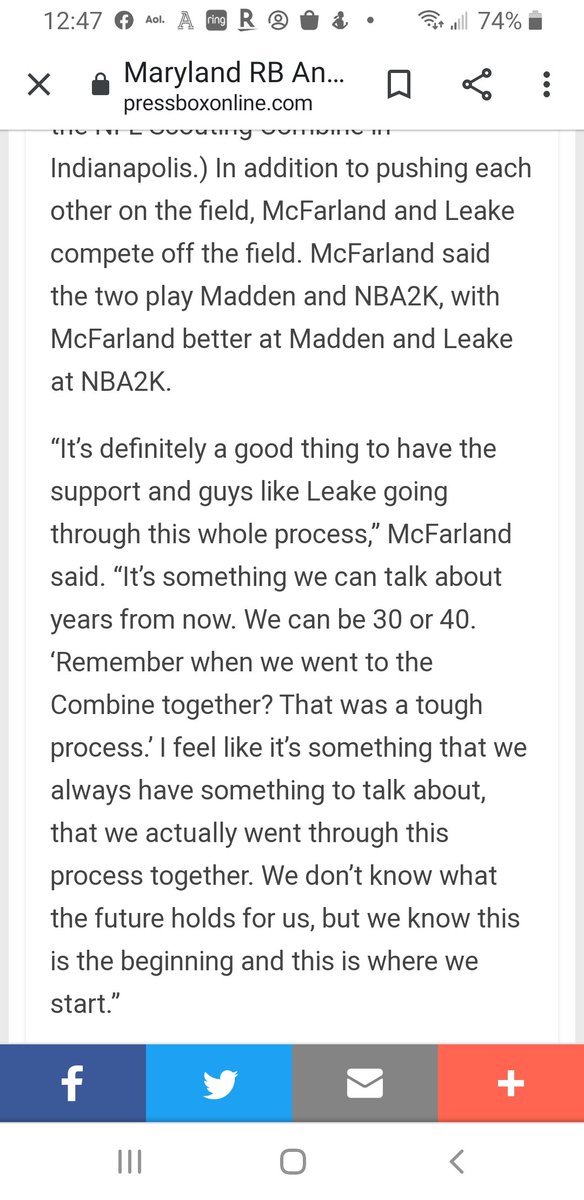 I read about McFarland's relationship with fellow RB and college roommate for all 3 years at Maryland, Javon Leake in multiple interviews. They supported each other on and off the field. Here's one example from a local news outlet: