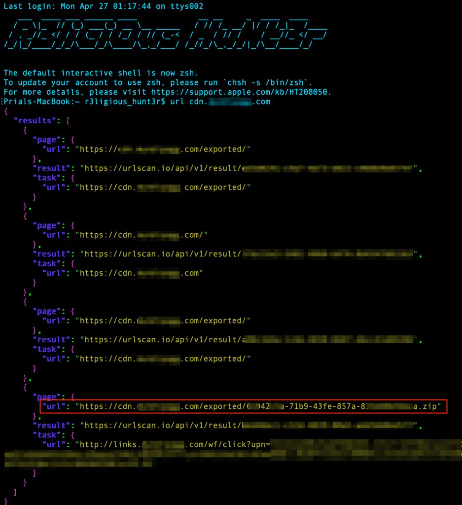 0xPrial's tweet photo. Get directory and files from @urlscanio public scans for fun &amp; profit

url(){
gron "https://t.co/O4Fu4MIrQQ"  | grep 'url' | gron --ungron
}
$source .bash_profile
$url https://t.co/t98T7KNObr

Make sure you have @TomNomNom  gron installed ❤️

#infosec 
#BugBounty 
#BugBountyTips https://t.co/gIjioL2hO8
