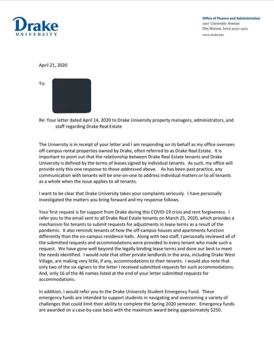 DrakeComrades's tweet photo. Among Drake’s core values is a supposed commitment to mission stating, “We are united in service to students and our communities,” however, when faced with a number of students that couldn’t pay rent Drake decided that they would rather sue students for rent money. https://t.co/NSoDO2rqOj