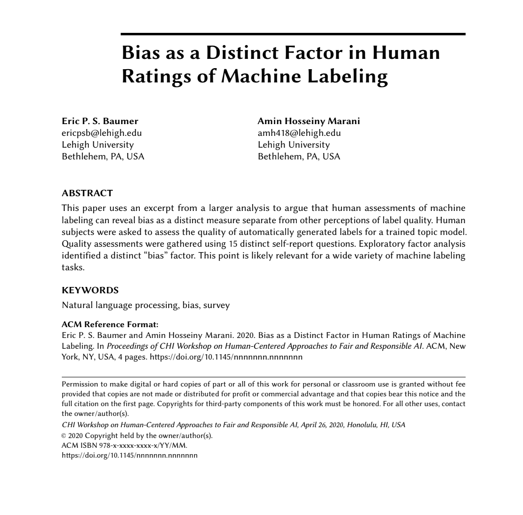michellercarney's tweet photo. #fairAIchi20  @LehighU researchers sharing "Bias as a Distinct Factor in Human Ratings of Machine Labeling" 

Read it for yourself here: https://t.co/xucn1ywdj5 https://t.co/tdnyMd2E57