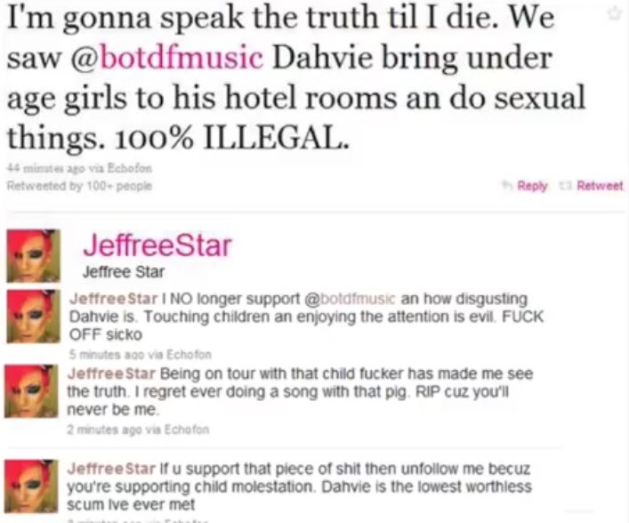 Yes the fuck you did. You called Dahvie out for being a predator and then toured with him a year after. You put young girls in danger.  #hansenxjeffree  @JeffreeStar stop lying