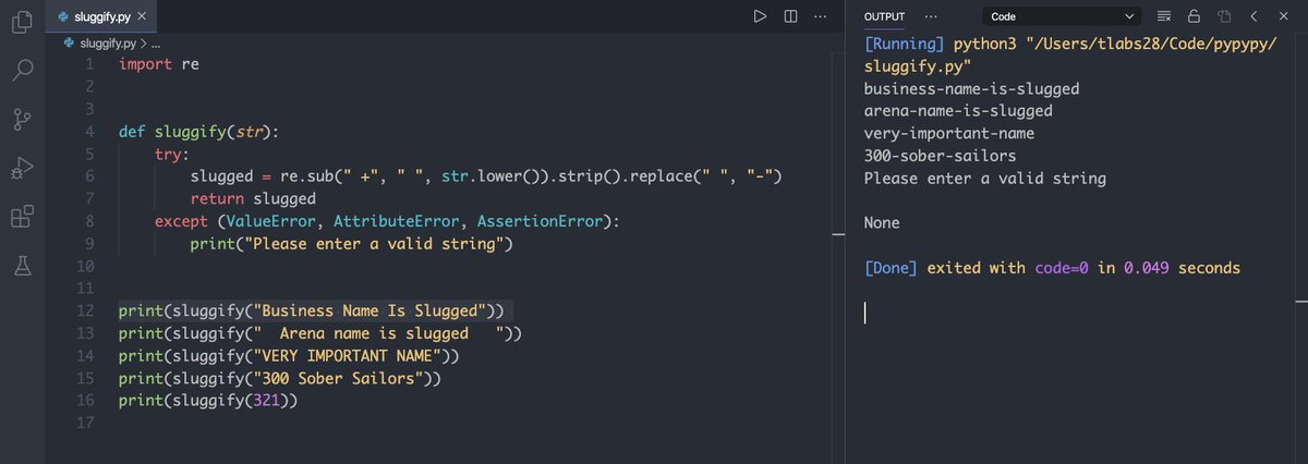 adyngom's tweet image. First utility function in #Python to sluggify posts titles for example. Probably will have to look at special characters later on. #myPythonJourney #learn 😉😀🐍