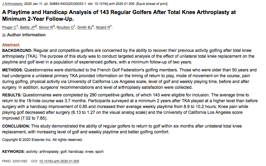 OrthoJC's tweet photo. Latest @JArthroplasty article - handicap improvement of 0.85 at min 2 years post TKR for primary OA. return to course time of 3.7 months. Not bad at all 😎

#orthojc
#golf 
#tkr

https://t.co/MxGvPS6CnG https://t.co/oigN9hiuaX