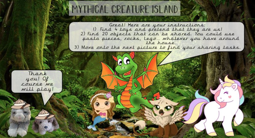 Sharing with the mythical creatures! Hoping that the children can gather some toys/teddies and share some objects between them ☺️🦄🐉🧜‍♀️  I’m trying to turn lots of my tasks into mini stories to try and engage the children 🗣🎤