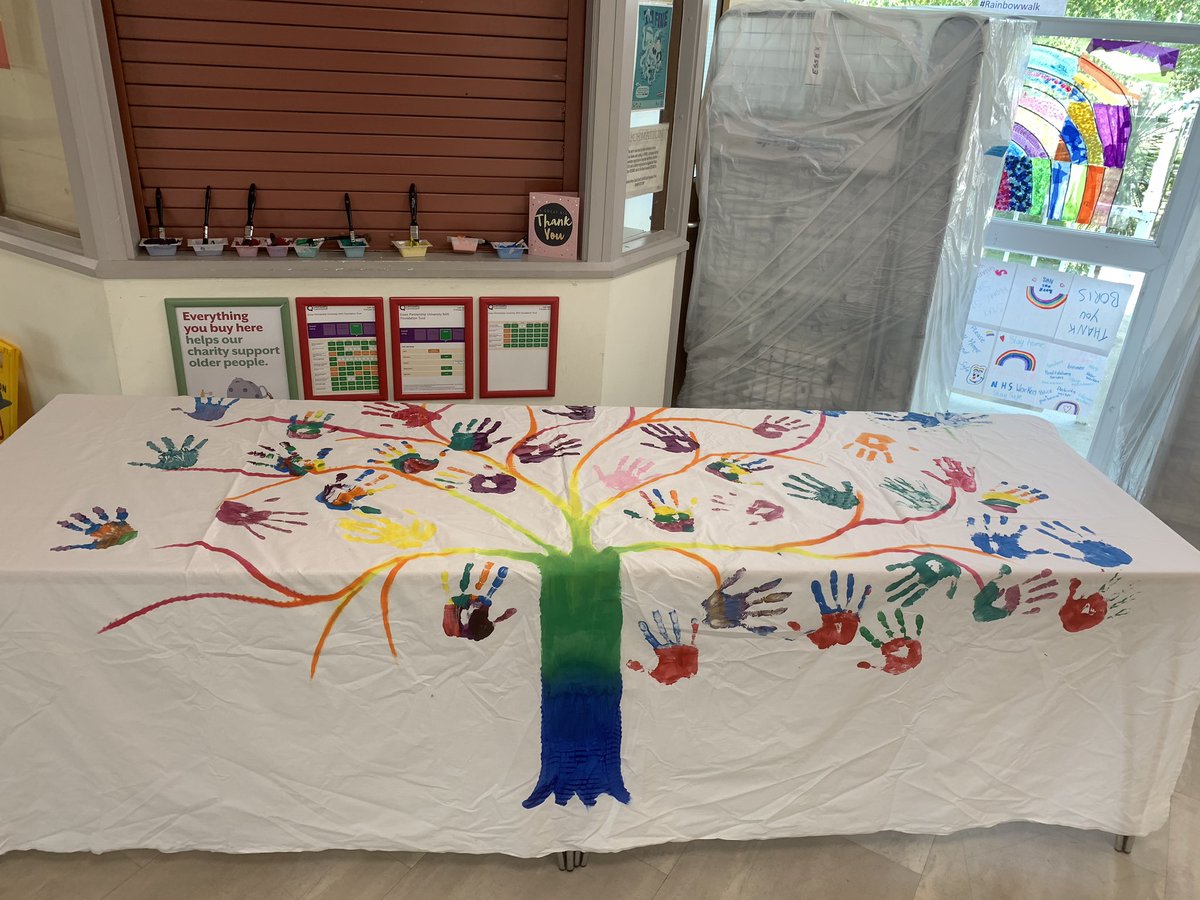 sarahlee_OTA's tweet photo. So far we’ve done lots of things with and for the patients, but we wanted something to bring all staff together- so here is our tree! Made with love by all teams and new and old staff! #bmhu #manyhandsmakelightwork #rainbow #covid #eputahps @EPUTStaff https://t.co/7I3WbZlEu1