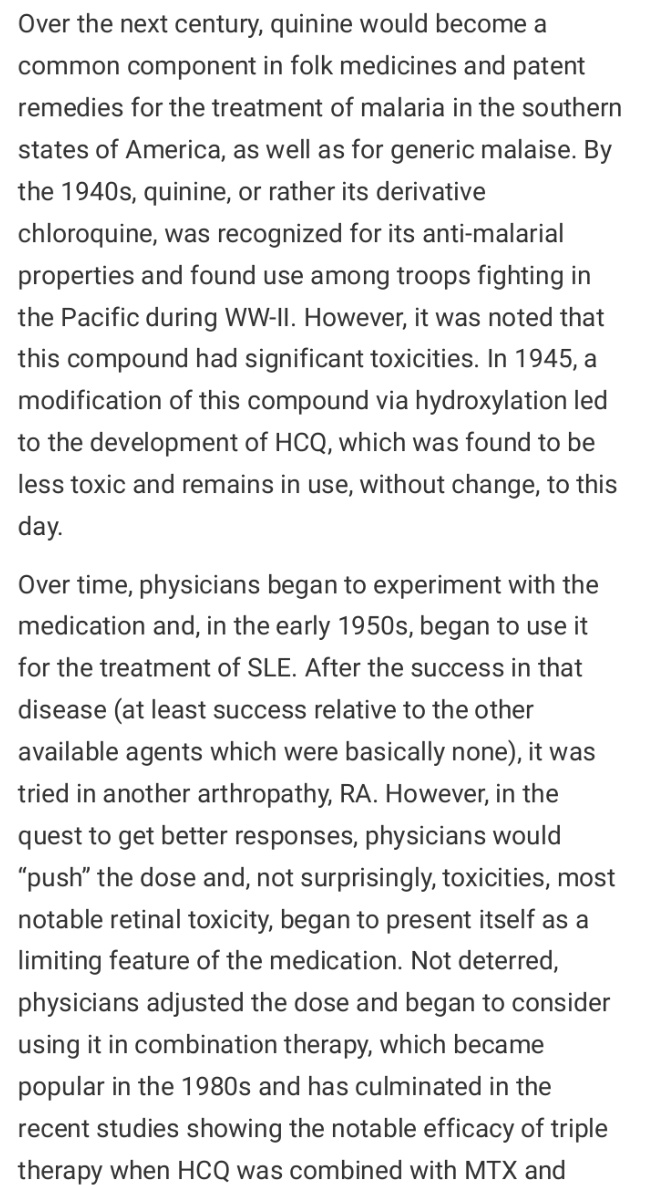 I had found a few historical references too, dating back to 1600's as "Cinchona Bark", "Jesuits Bark" & "Jesuits Powder"....An intersting history of  #Quinine  #Chloroquine  #HydroxychloroquineI started here;"The Nine Lives of Hydroxychloroquine" http://rheumnow.com/blog/nine-lives-hydroxychloroquine  https://twitter.com/Sageremarks/status/1254271181743587332