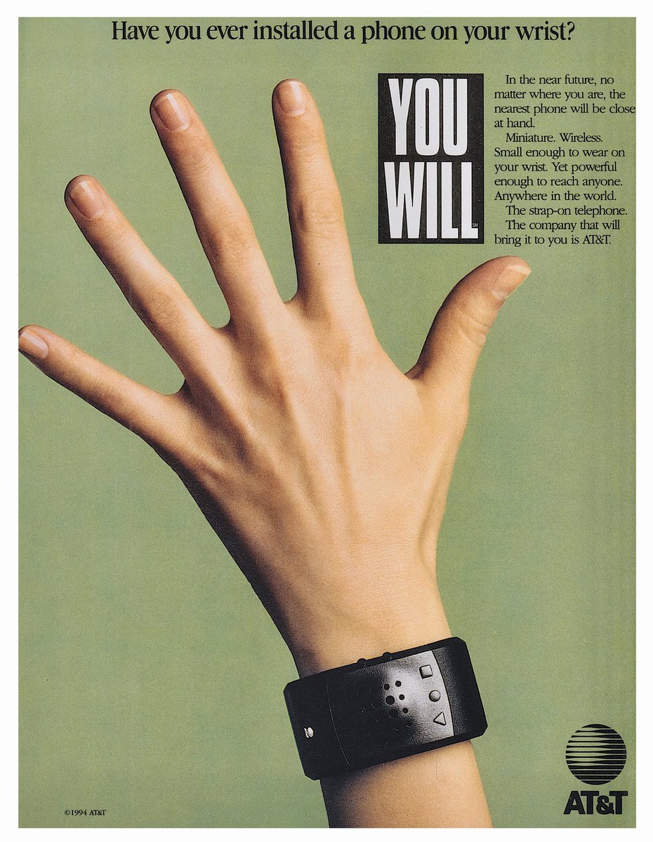 RetroNewsNow's tweet image. 1994 @ATT Retro Ad:
— Have you ever installed a phone on your wrist? You will.