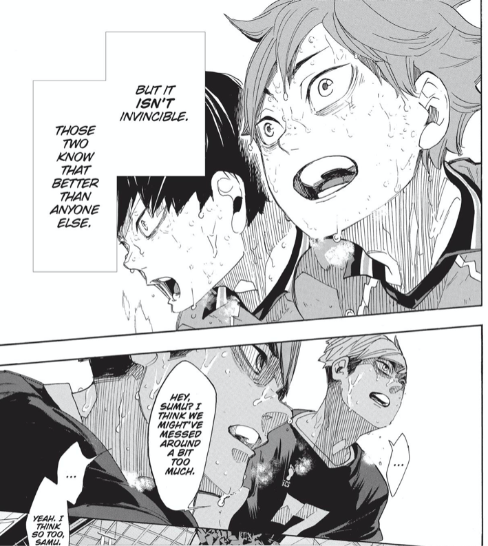 Then there is Karasuno’s freak duo, who carry with them lessons from past defeats. Their triumph over the twins’ unrehearsed set is the biggest counter to the “we don’t need memories” concept.