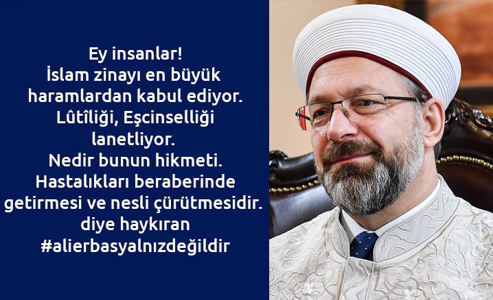 DİB’lığı Anayasal bir kurum değil mi?

Sn. Ali Erbaş Diyanet İşleri Başkanı değil mi?

DİB’nın görevi  İslam Dininin emir ve yasaklarını anlatmak değil mi?

Öyleyse müslüman mahallesinde salyangoz satmak ne demek?

Yürüyün, Başka kapıya.

#AliErbasYanlızDeğildir
<a href="/DIBAliErbas/">Prof. Dr. Ali Erbaş</a>