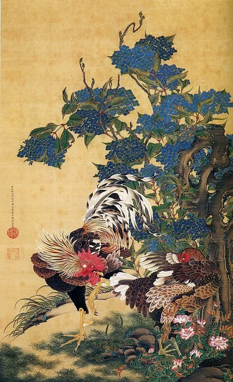 Detailed Painting AKARooser and Hen with Hydranges by Ito Jakuchu