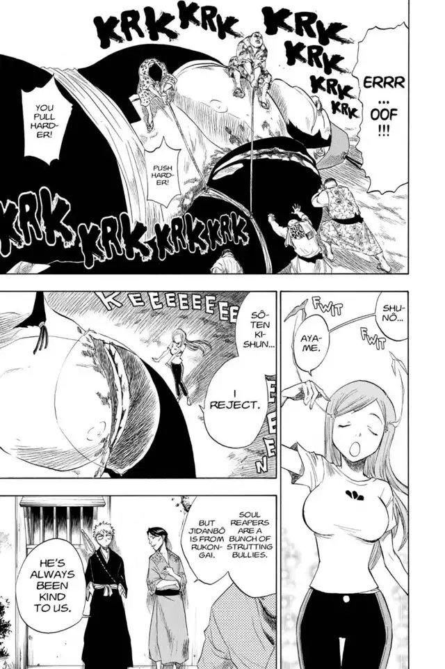 Sōten Kishun:Mostly heals Jidanbo& #39;s arm after it had been cut off by Gin, she began healing him during the day and stated at night it would take at least 5 more hours to completely heal him.