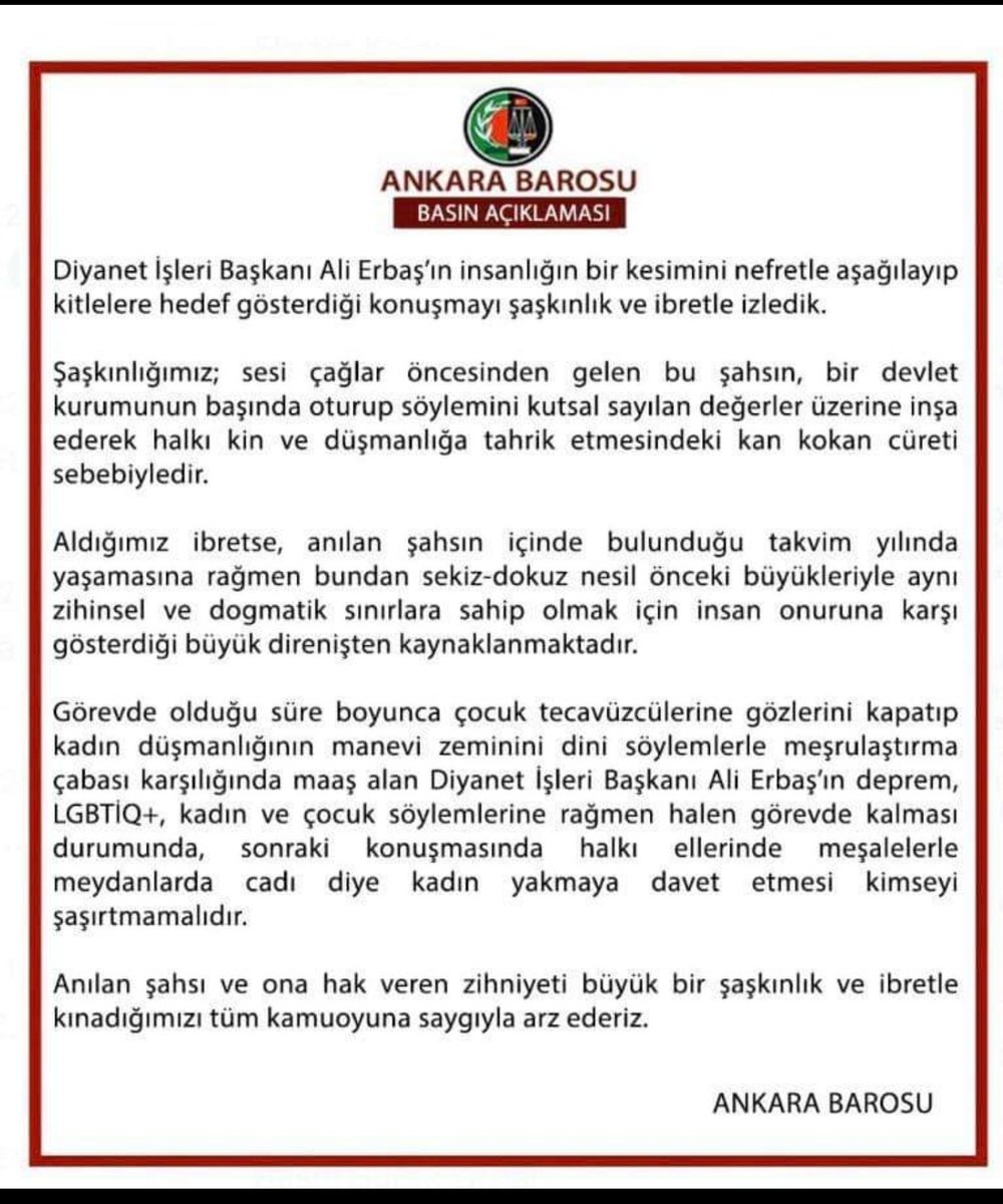 Ne demek "sesi çağlar ötesinden gelen" hadsizler!
Zaman ihtiyarladıkça hükümleri gençleşen Kuran'ı Kerim'in hükümlerine olan düşmanlığınızın farkındayız.
Haddinizi bilin
Unutmayın #AliErbasyanlızdeğildir
<a href="/ankarabarosu/">Ankara Barosu</a>