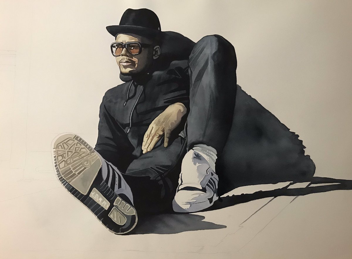 ajkatzart's tweet image. Update: @THEKINGDMC - 22” x 28” watercolor on paper (in-progress) - inspired by a @glenefriedman photograph (hoping to do a trio of paintings/portraits from this one picture - on separate sheets of paper)

@hiphopgods @HipHopGoldenAge @mADurgency @MrChuckD @OfficialRunDMC 

#DMC