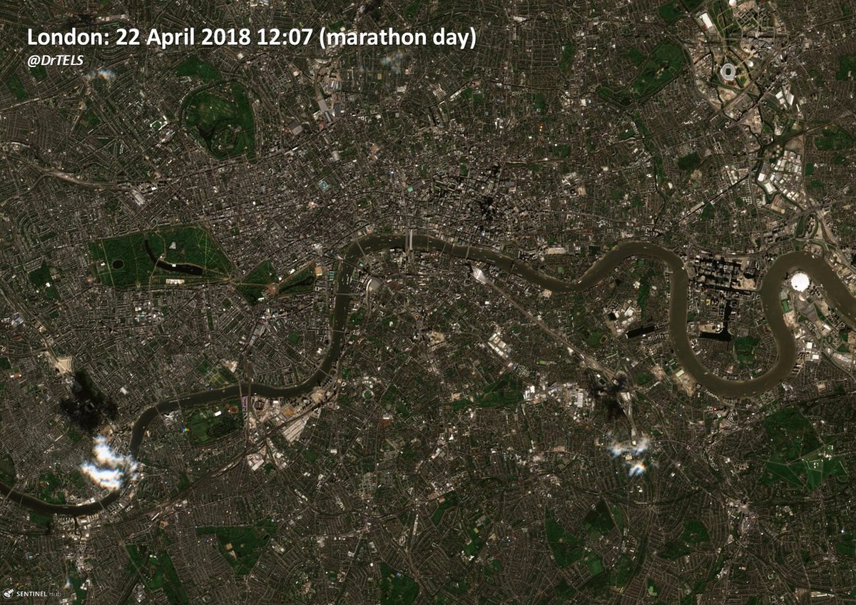 This year, the  #LondonMarathon would have been held under clear blue skies. Satellite images show us iconic spots along the route abandoned under  #lockdown.This thread compares Sunday's cloud-free image with 22 April 2018; the last time the race ran under clear skies [1/5] 
