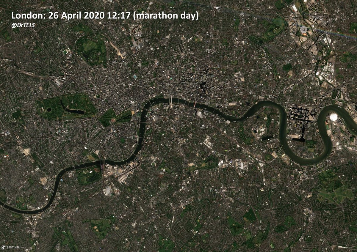 This year, the  #LondonMarathon would have been held under clear blue skies. Satellite images show us iconic spots along the route abandoned under  #lockdown.This thread compares Sunday's cloud-free image with 22 April 2018; the last time the race ran under clear skies [1/5] 