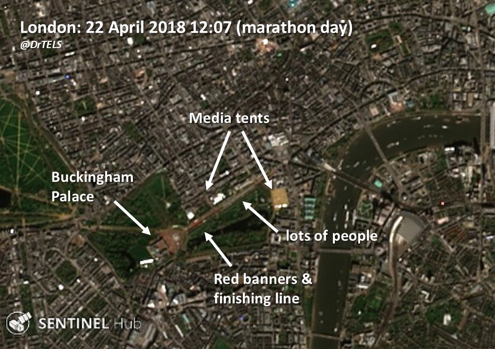 The Sentinel-2 satellite  @CopernicusEU passes overhead around midday, shortly after the elite runners will have finished  Here we can see the Mall in 2018, bustling with media tents, red banners, a mass of people after the finishing line, and a busy Thames [2/5]