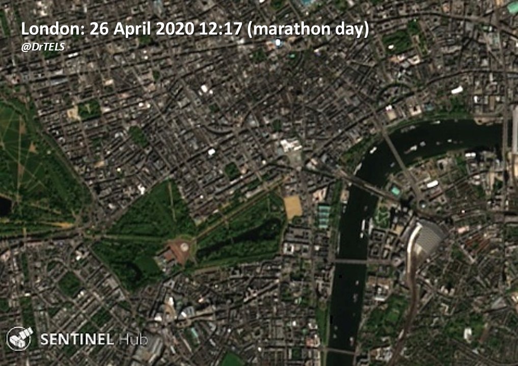 The Sentinel-2 satellite  @CopernicusEU passes overhead around midday, shortly after the elite runners will have finished  Here we can see the Mall in 2018, bustling with media tents, red banners, a mass of people after the finishing line, and a busy Thames [2/5]
