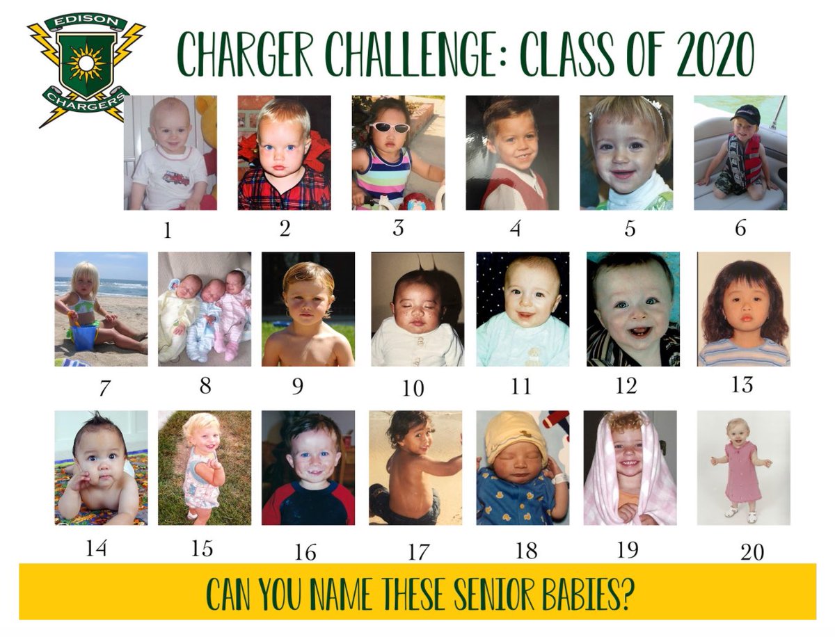 Charger Challenge: Class of 2020 Edition: Can you name all of the Baby Seniors pictured above? Send over your list to Mr. Lam by this Thursday! Special thanks to @edisonyearbook for making this post!