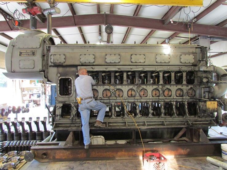 Submarine diesel engines are some of the oldest and most impressive pieces of technology used by any navy. Every country has their own native built diesels and they are MASSIVE. Photo of the  #LAClass  @FairbanksMorse 38 1/8" during a tear down. 38=Year 1938.