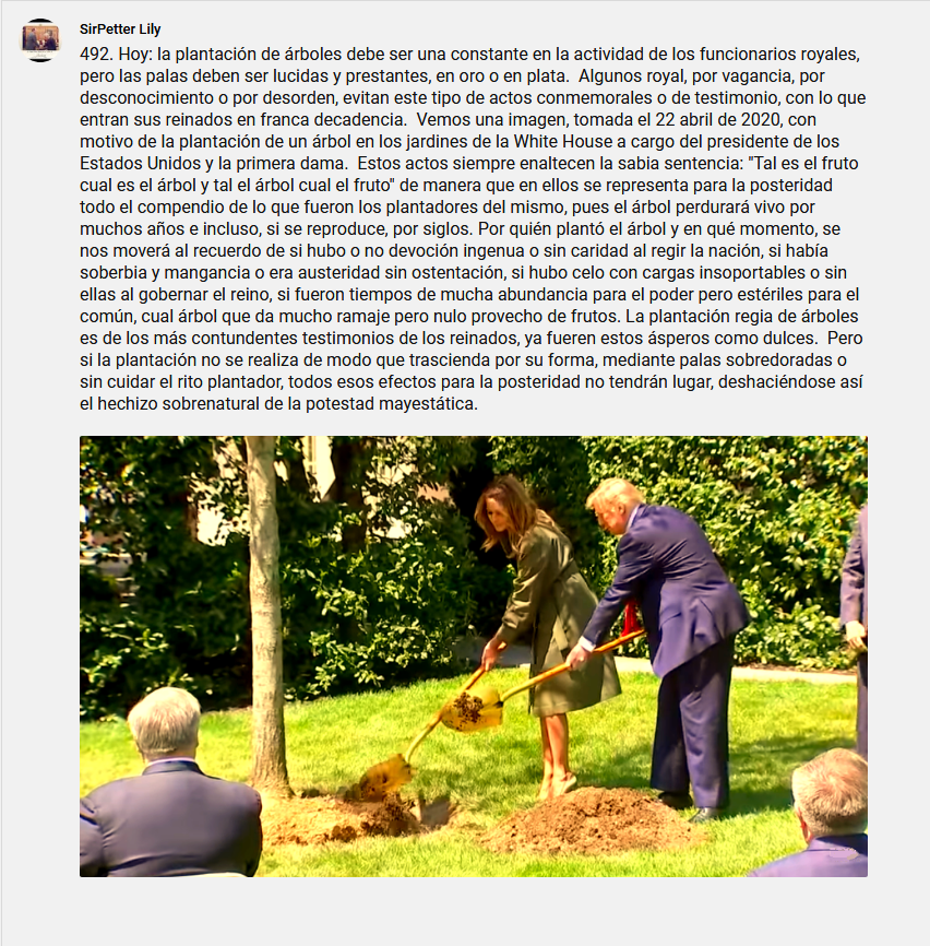 SirPeterLily's tweet photo. 492. Hoy: la plantación de árboles debe ser una constante en la actividad de los funcionarios royales, pero las palas deben ser lucidas y prestantes, en oro o en plata. https://t.co/Xqc8q44wpn