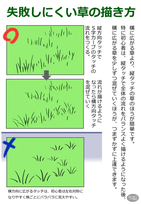 【草の描き方】
個々の株より、生えている地面全体のバランスが大事です。
#描き方 #背景美術 (再掲) 