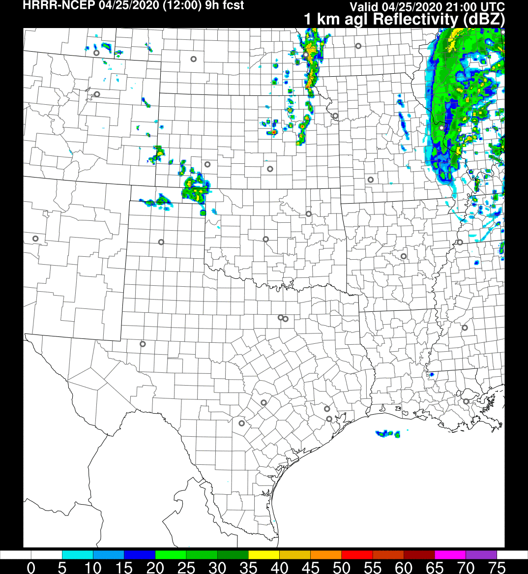 So then the HRRR nailed it, right? Here's the 12z Saturday run of the HRRR (same forecast time as tweet 8). All that, and it shows nothing. This is a 9 hour forecast from the best model tuned to forecasting convection in our arsenal. Inconsistency hurts a lot. (12/x)