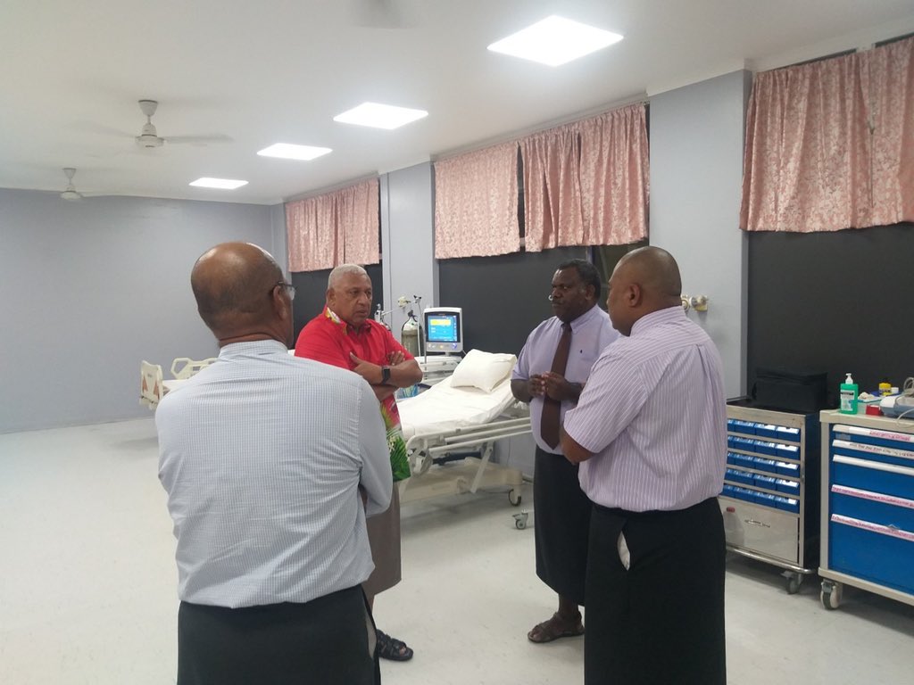 Nadokoulu's tweet photo. With the Hon PM @FijiPM we visited with @inia_seruiratu @JoneUsamate the COVID19 Intensive Care Unit at CWM headed by Dr Luke Nasedra the Medical Supritendant and Consultant Anesthetist. #Veilomani #TogetherWeCan #BreakTheChain https://t.co/qGjwnBL2Ag