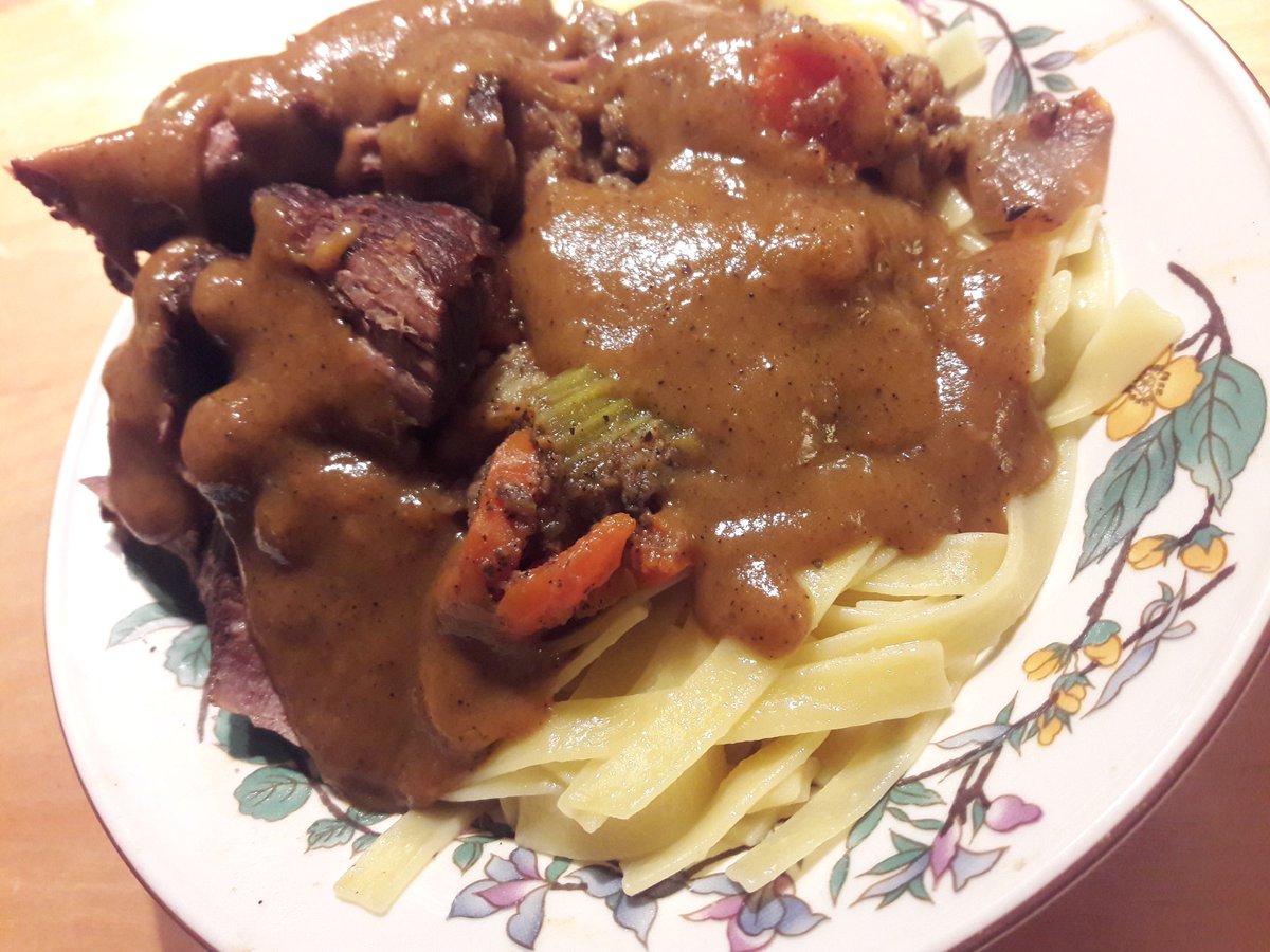 Finished plate of my not-elk version of  @gaileyfrey's Rainy-Day Elk Braise! Served over buttered egg noodles and topped with sauce made from the braising liquid.Another A+++ winner, truly fucking perfect.