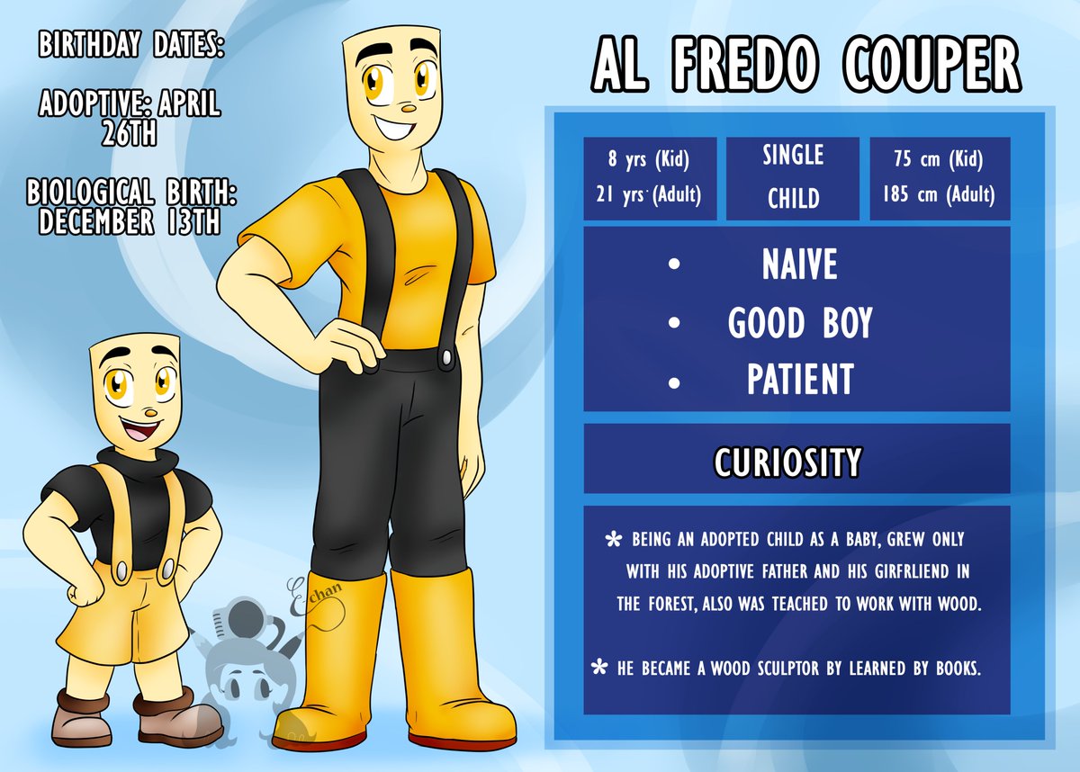AchanErick's tweet photo. I forgot to post this here xd
Since today is the birthday of this bby of mine, I decided to make a Chart with his information as a kid and as an adult.
#cupheadoc #characterchart https://t.co/PBDoOZQZ1H